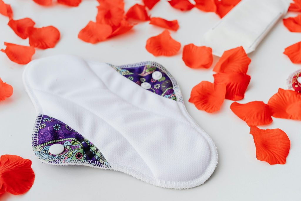 Eco-friendly reusable cloth sanitary pad surrounded by vibrant red petals.